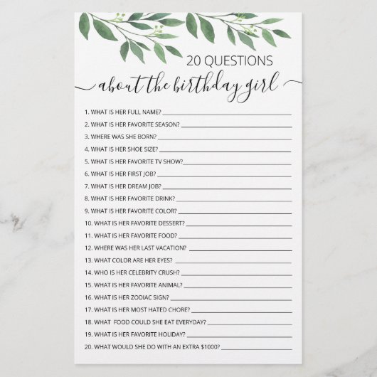 20 Vragen over de Birthday Girl Birthday game (Voorkant)