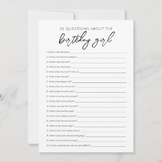 20 Vragen over de Birthday Girl game Kaart (Voorkant)