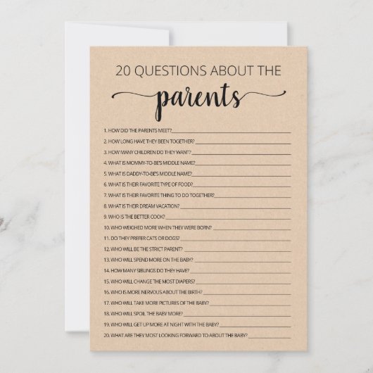 20 Vragen over de Ouders Baby shower Kaart (Voorkant)