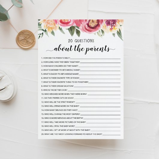 20 Vragen over de Ouders Baby shower Kaart