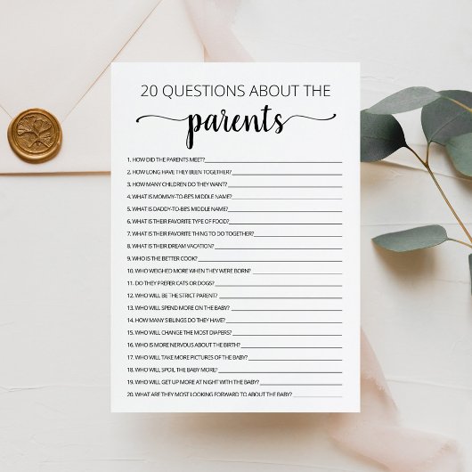 20 Vragen over de Ouders Baby shower Kaart