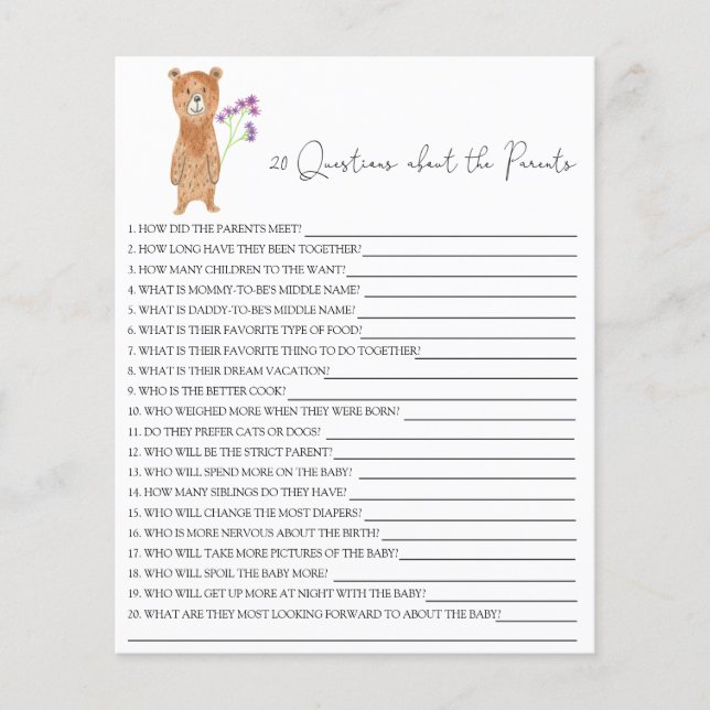 20 vragen over de ouders baby shower spel (Voorkant)