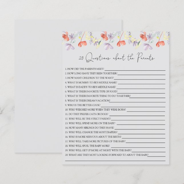 20 vragen over de ouders baby shower spel (Voorkant / Achterkant)