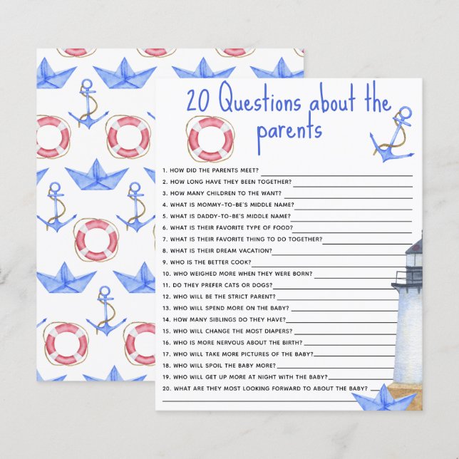 20 vragen over de ouders baby shower spel (Voorkant / Achterkant)
