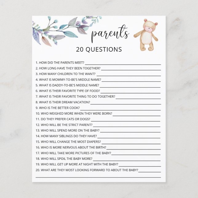 20 vragen over de ouders baby shower spel (Voorkant)