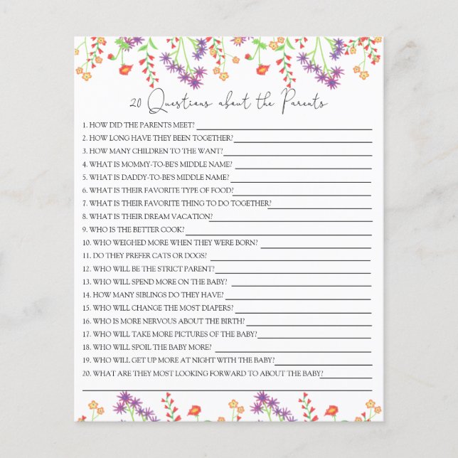 20 vragen over de ouders baby shower spel (Voorkant)