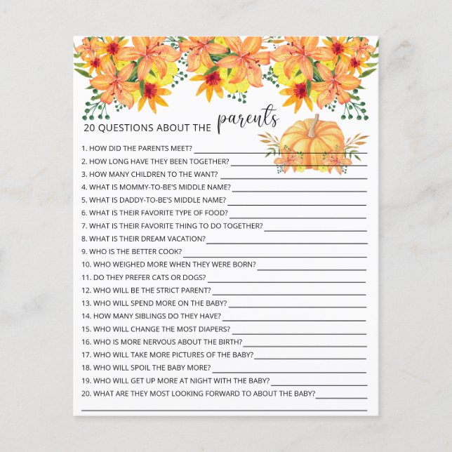 20 vragen over de ouders baby shower spel (Voorkant)