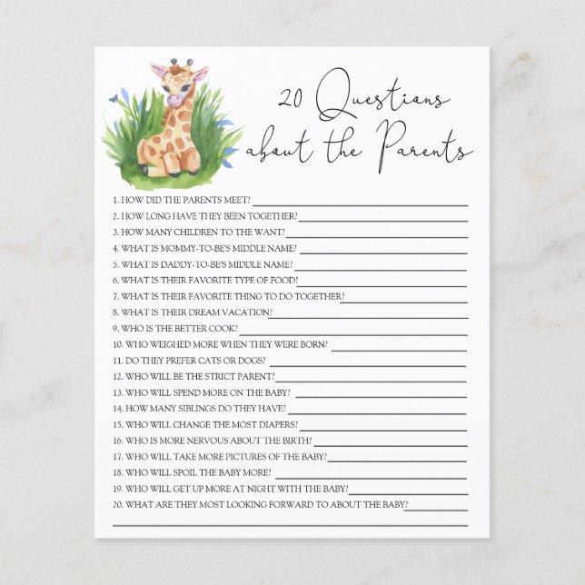 20 Vragen over de Ouders baby shower spel (Voorkant)