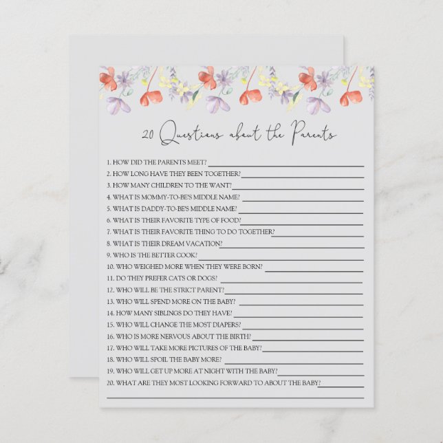 20 Vragen over de wedstrijd Parents baby shower (Voorkant / Achterkant)