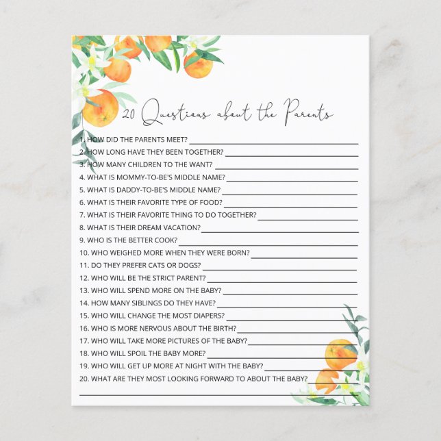 20 Vragen over de wedstrijd Parents baby shower (Voorkant)
