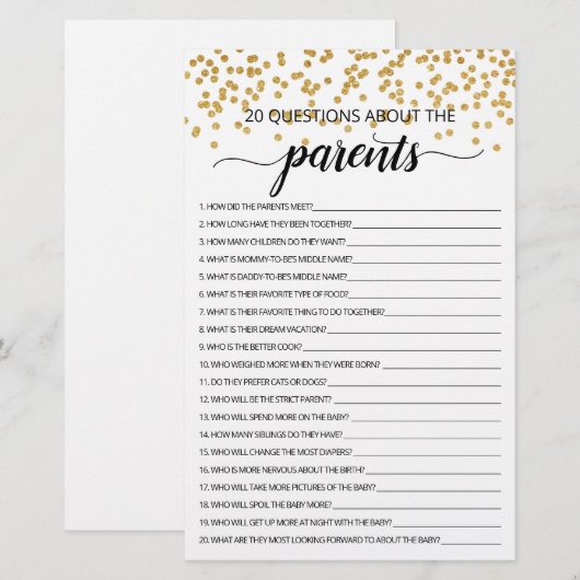 20 Vragen over de wedstrijd Parents Baby shower (Voorkant / Achterkant)
