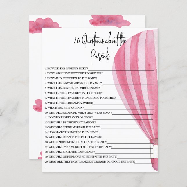 20 Vragen over de wedstrijd Parents baby shower (Voorkant / Achterkant)