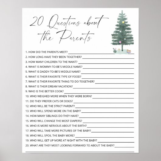 20 Vragen over de wedstrijd Parents baby shower Poster (Voorkant)