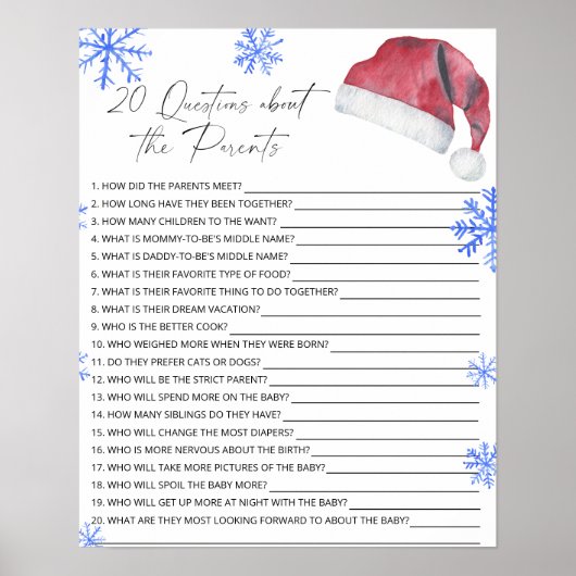20 Vragen over de wedstrijd Parents baby shower Poster (Voorkant)