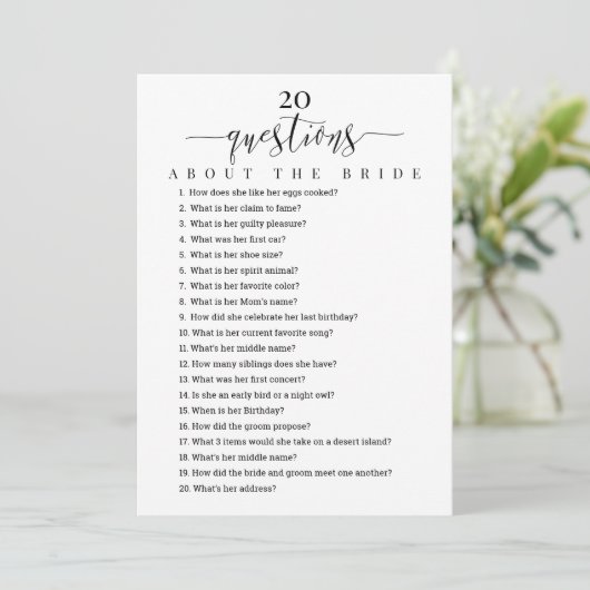 20 Vragen over het spel Bride Vrijgezellenfeest Kaart (Staand voorkant)