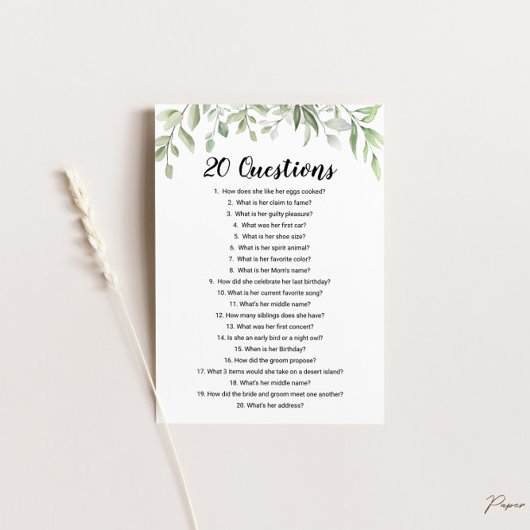 20 Vragen over het spel Bride Vrijgezellenfeest Kaart