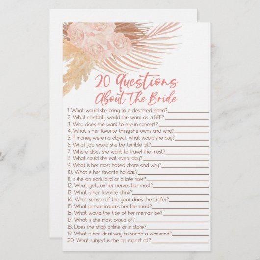 20 Vragen over het spel van het Bride Vrijgezellen Briefpapier (Voorkant / Achterkant)