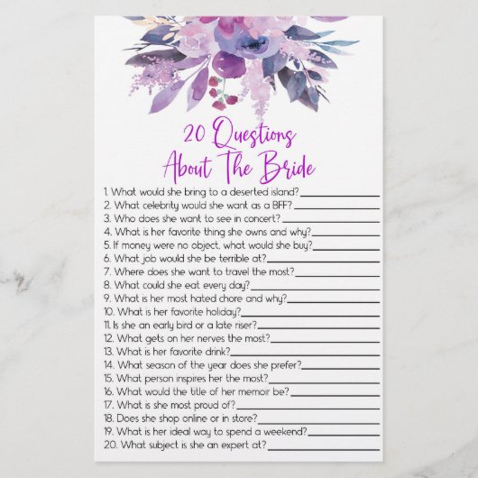 20 Vragen over het spel van het Bride Vrijgezellen Briefpapier (Voorkant)