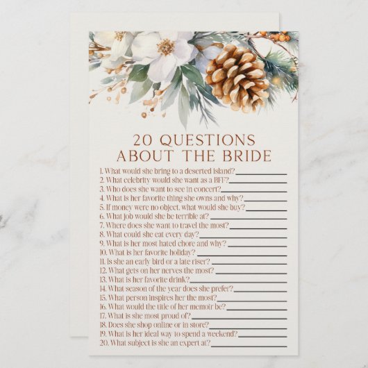 20 Vragen over het spel van het Bride Vrijgezellen Briefpapier (Voorkant / Achterkant)