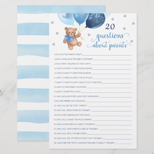 20 Vragen over ouderlijk Baby shower Teddy Bear (Voorkant / Achterkant)
