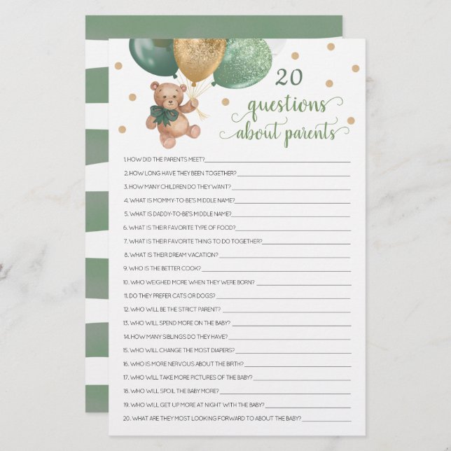 20 Vragen over ouderlijk Baby shower Teddy Bear (Voorkant / Achterkant)