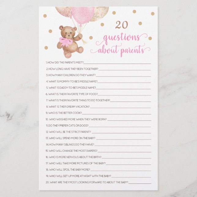 20 Vragen Over Ouders Baby Shower Teddybeer (Voorkant)