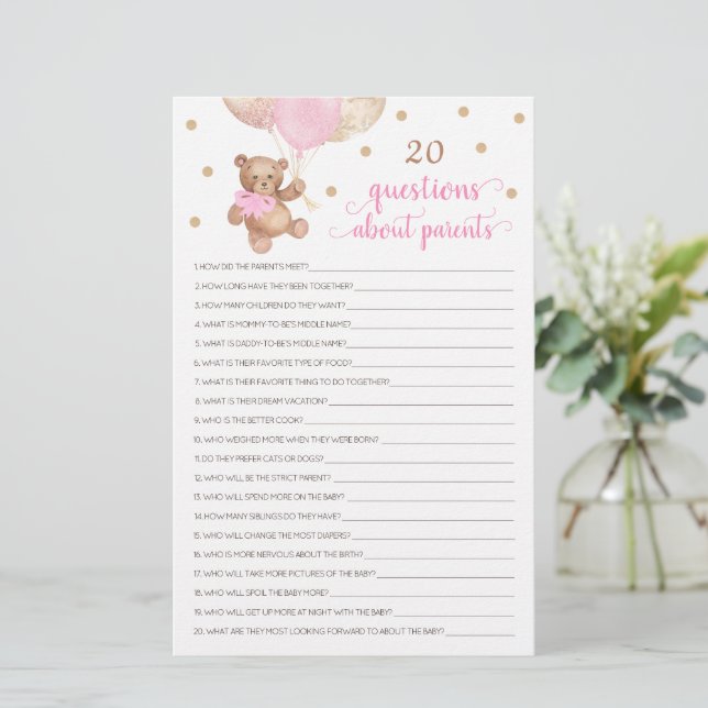 20 Vragen Over Ouders Baby Shower Teddybeer (Staand voorkant)