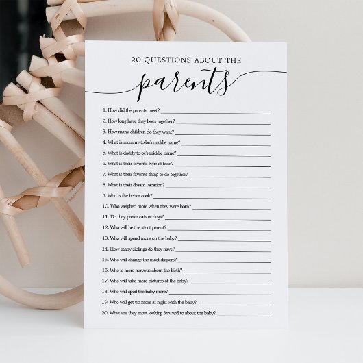 20 Vragen over Parents Baby shower Game Kaart