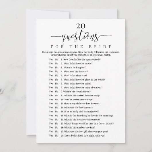 20 Vragen voor het spel met het Bride-Vrijgezellen Kaart (Voorkant)
