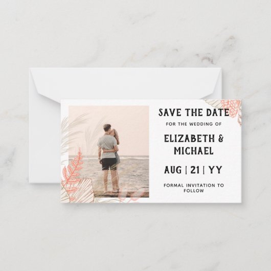 20 x BUDGET Foto Save the Date Pampas Gras Koraal Notitiekaartje (Voorkant)