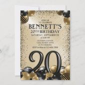 20e ballonnen zwart goud verjaardag kaart (Voorkant)