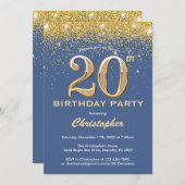 20e Birthday Blue en Gold Glitter Confetti Kaart (Voorkant / Achterkant)