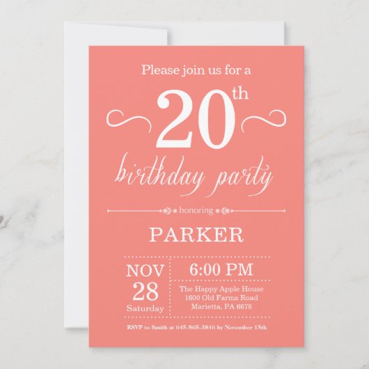 20e Birthday Invitation Coral Kaart (Voorkant)