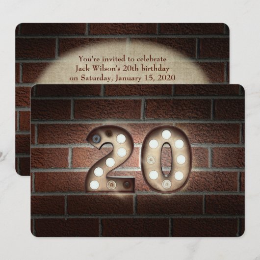20e Birthday Party-marquee licht op baksteen Kaart (Voorkant / Achterkant)