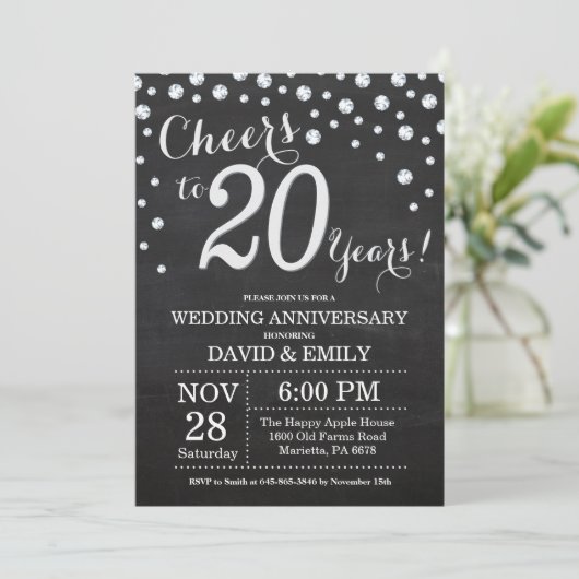 20e bruiloft Jubileum Chalkboard Black Silver Kaart (Staand voorkant)