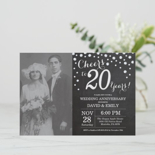 20e bruiloft Jubileum Chalkboard Black Silver Kaart (Staand voorkant)