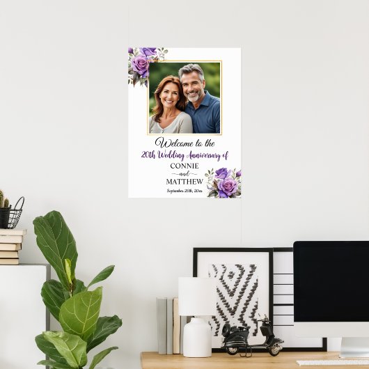 20e bruiloft Jubileum Goud Lijst Paarse Rozen Poster (Thuiskantoor)
