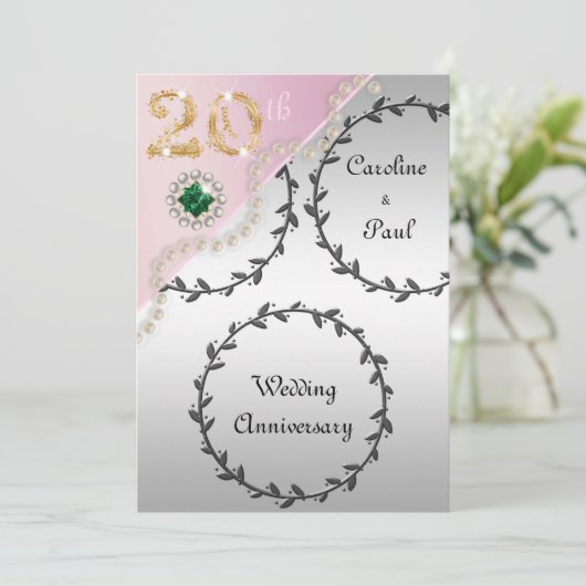 20e bruiloft Jubileum in reliëf van zilveren Roos Kaart (Staand voorkant)