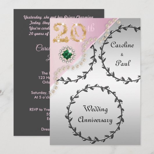 20e bruiloft Jubileum in reliëf van zilveren Roos Kaart (Voorkant / Achterkant)