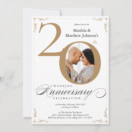 20e bruiloft Jubileum White Gold Calligraphy Kaart (Voorkant)