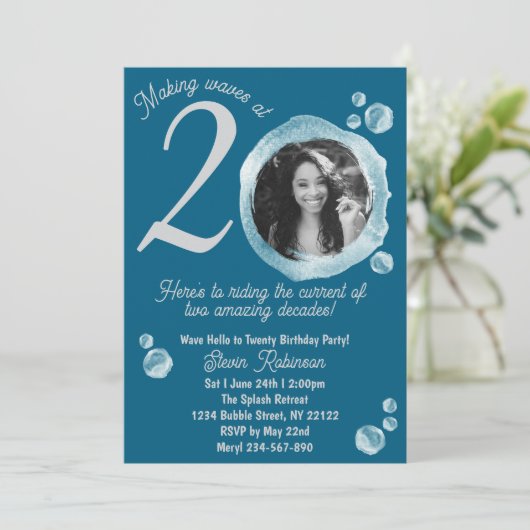 20e Dark Blauwgroen Bubbles Verjaardagsfeest Uitno Kaart (Staand voorkant)