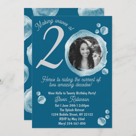 20e Dark Blauwgroen Bubbles Verjaardagsfeest Uitno Kaart (Voorkant / Achterkant)