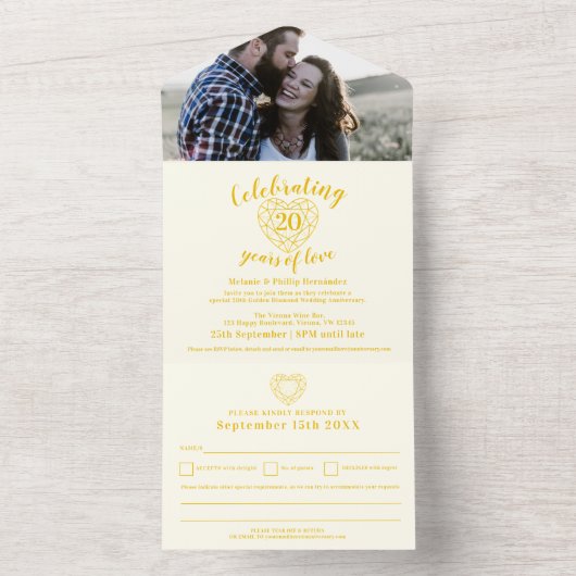 20e Gouden Diamanten huwelijksjubileum antwoordkaa All In One Uitnodiging (Binnen)