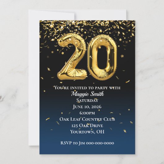 20e goudzoolballonnen en Confetti Kaart (Voorkant)