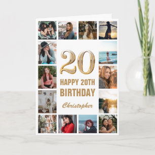 20e Happy Birthday Gold en White Photo Collage Kaart