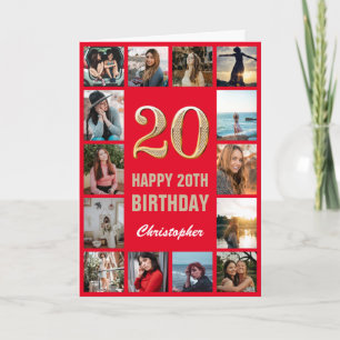 20e Happy Birthday Red en Gold Photo Collage Kaart