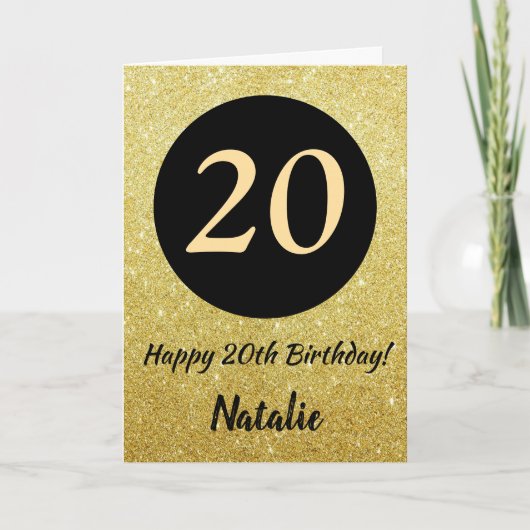 20e Happy Birthday Zwart en Goud Glitter Kaart (Voorkant)