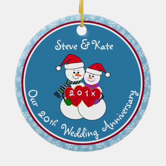 20e Jubileum Gift Fun Snow Paar Kerst Keramisch Ornament (Achterkant)