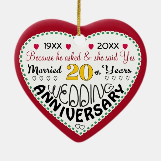 20e Jubileum Gift Hart Vormgegeven Kerst Keramisch Ornament (Achterkant)
