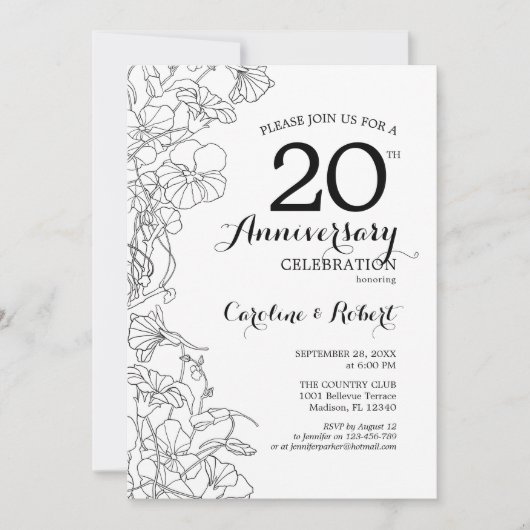 20e Jubileum Invitation - Zwart Wit Bloemen Kaart (Voorkant)